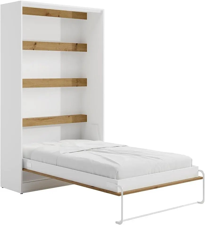Vente-unique - Lit escamotable 120 x 200 cm - Ouverture Verticale Manuelle - avec LEDs - Blanc et Naturel