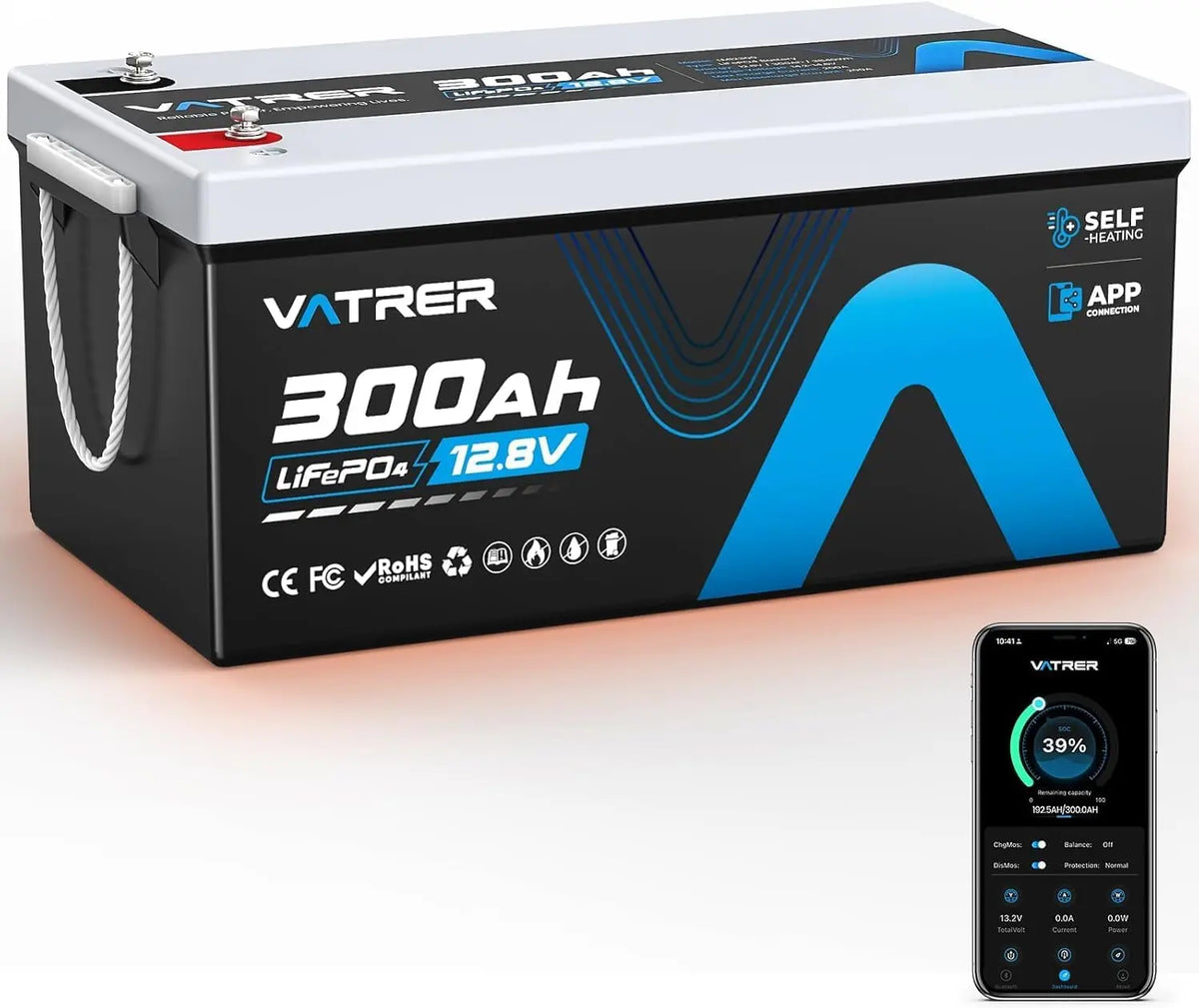 VATRER POWER Batterie LiFePO4 12V 300Ah Chauffante Bluetooth BMS 200A – 2560 W, 33840 Wh, noir/gris