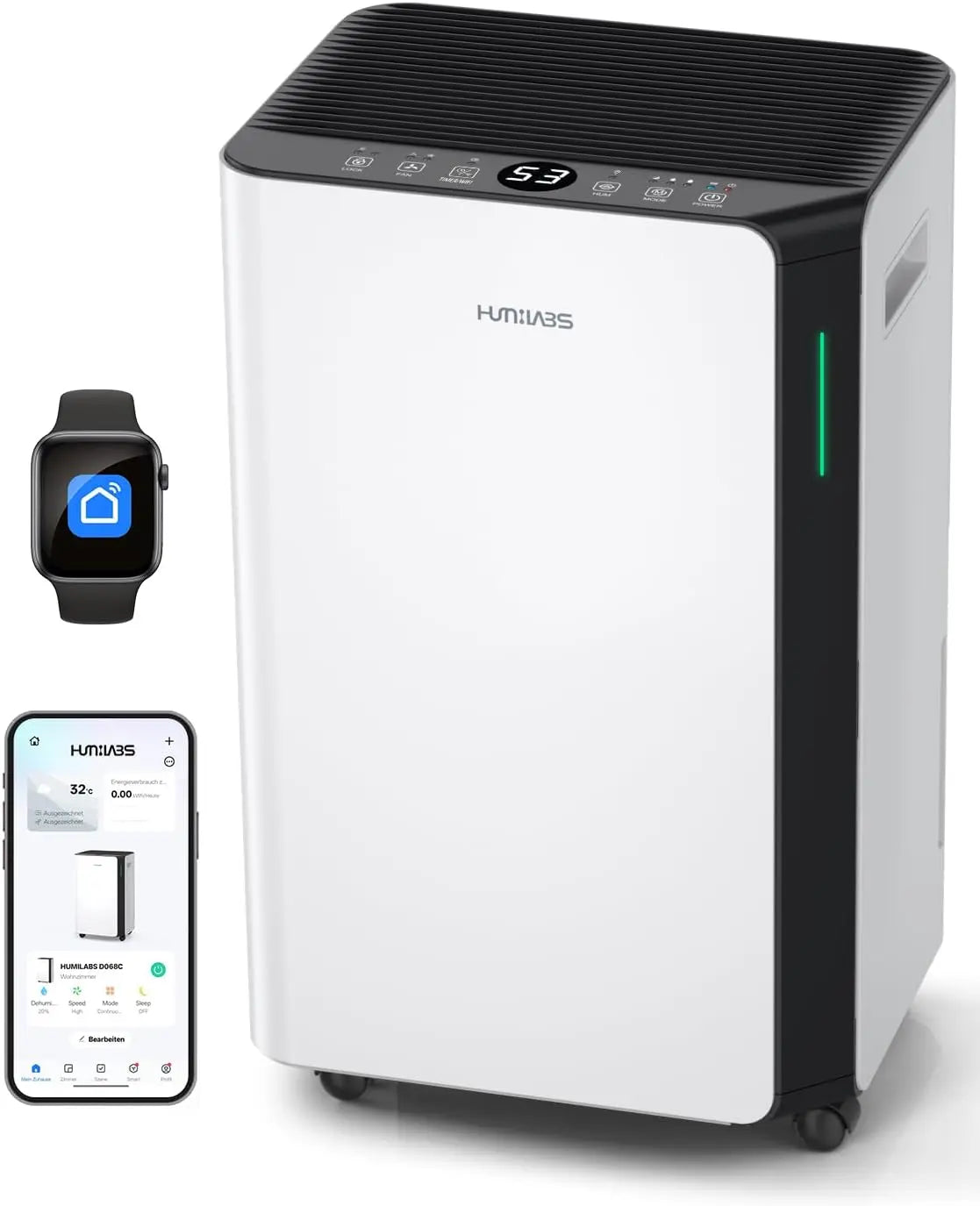 HUMILABS Déshumidificateur électrique 20L pour pièces de 60m²/App & WLAN déshumidificateur/avec tuyau – gris/noir