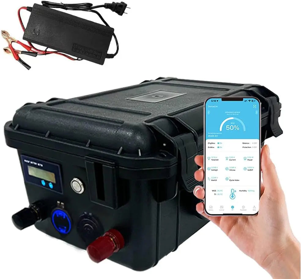 LiFePO4 12V 100Ah Marine Batterie Lithium avec Bluetooth et Chargeur BMS 100A Intégré 6000+ Cycles – noir/gris