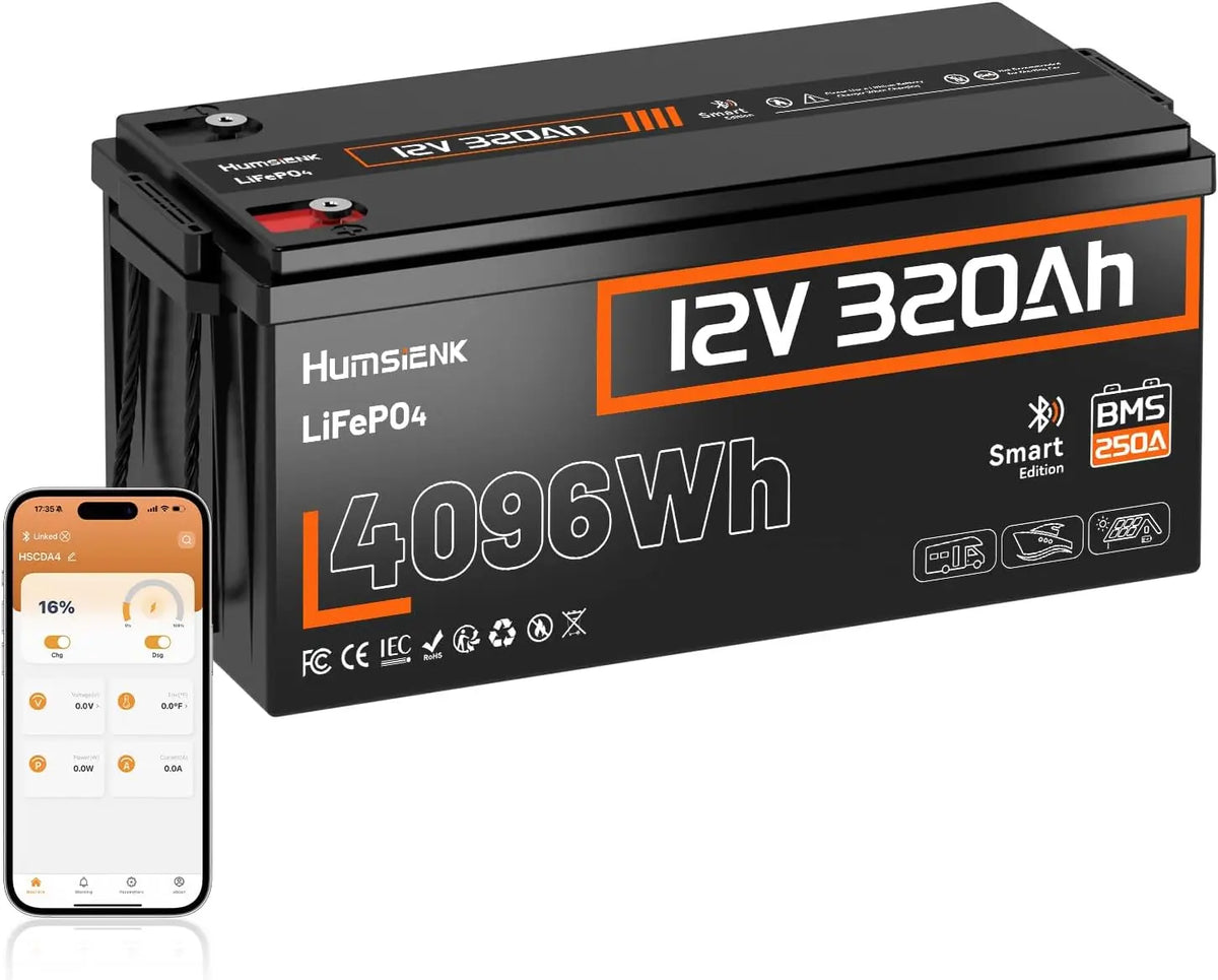 Humsienk Batterie Lithium 12V 320Ah LiFePO4 Bluetooth avec BMS 250A – 4096 Wh, gris/noir