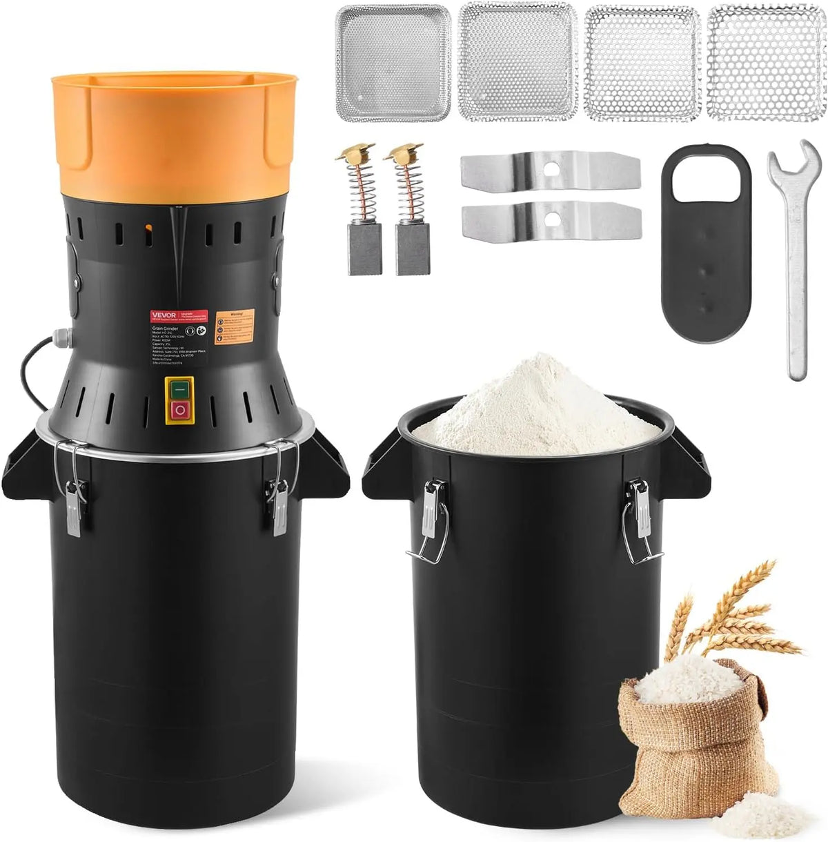 VEVOR Moulin à Grain Électrique Capacité 25 L – 600 W, 390 x320 x815 mm, noir/gris