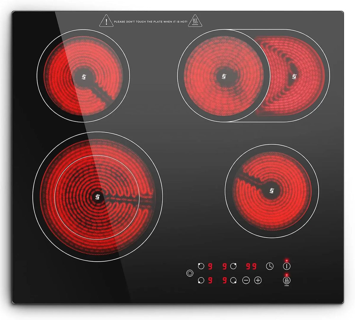 Plaque Vitrocéramique 4 Feux – 6600 W, 590×520×50 mm, gris/noir