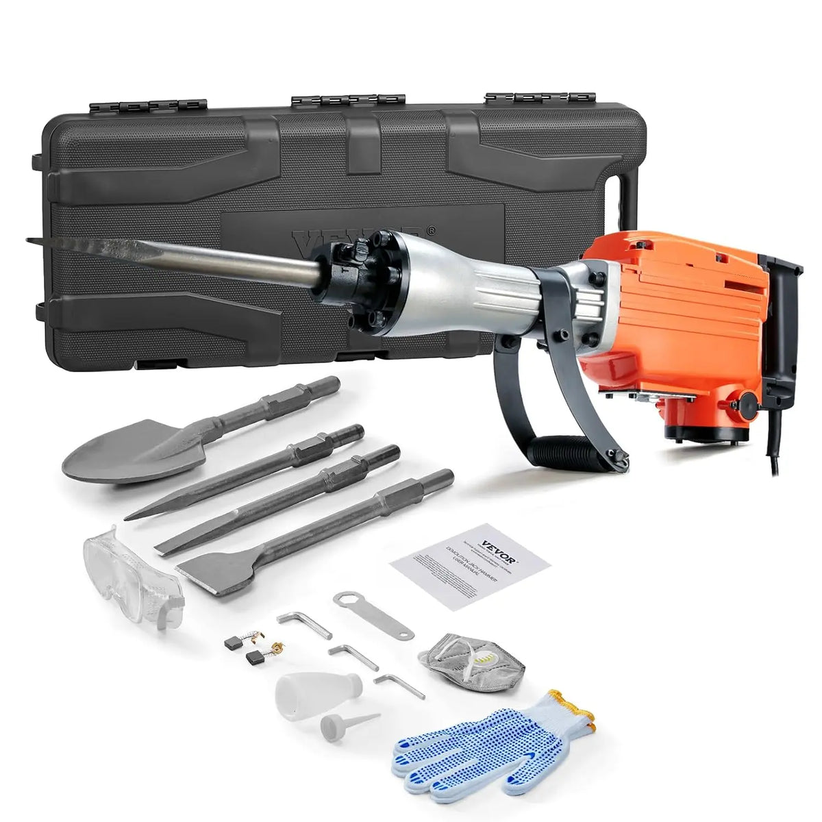 VEVOR Marteau de Démolition 2200 W Marteau-Piqueur 66 J 1350 BPM Marteau Perforateur avec 4 Burins – gris