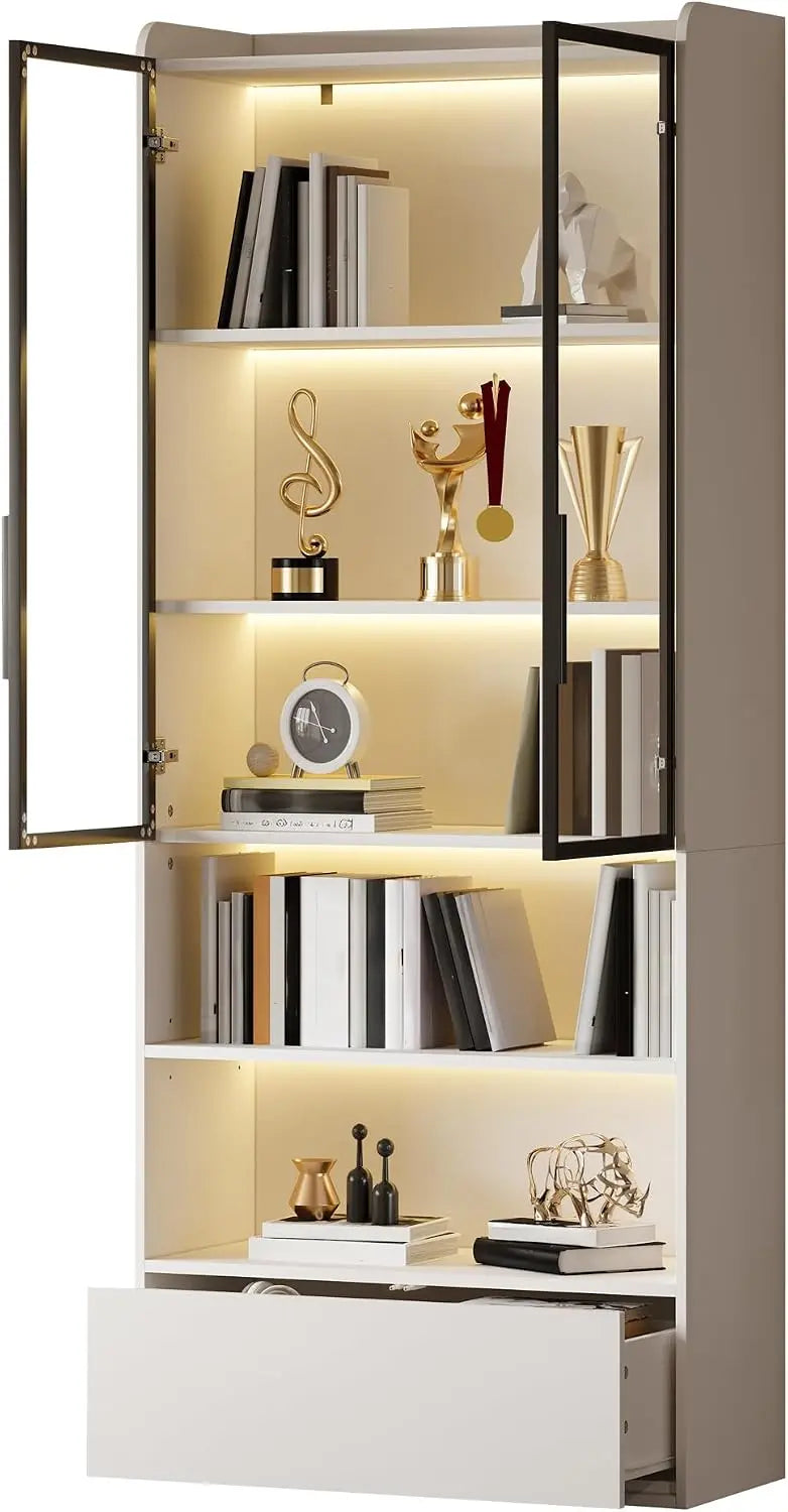 Vitrine en verre - 80 x 34 x 180 cm - Vitrine haute avec 1 tiroir et portes d'armoire en verre - Avec LED
