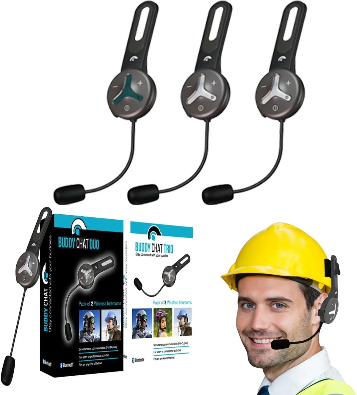 Trio - Intercom avec 3 modules de casque Bluetooth avec une portée jusqu'à 1 km - Kit mains-libres – gris/noir
