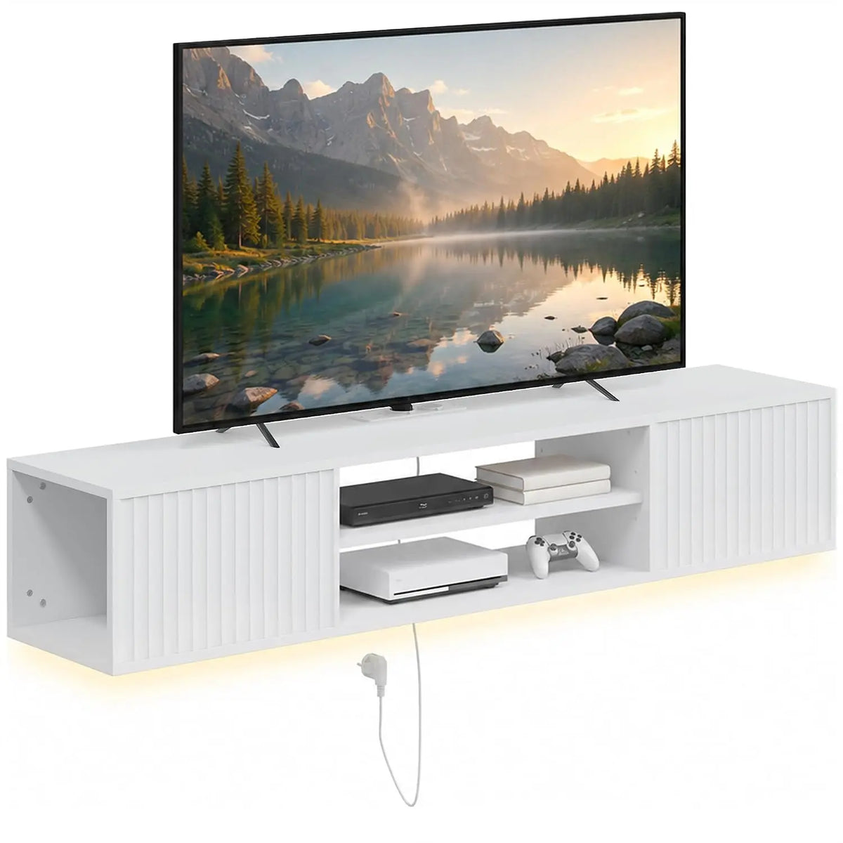 HOMCOM Meuble téléviseur Suspendu Flottant 140cm avec Éclairage LED et Prises Blanc