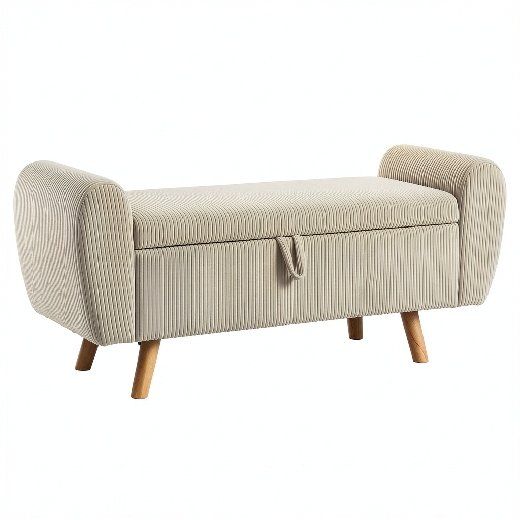 Lit, en velours côtelé, avec rangement, rembourré, coloris beige, 150 x 45 x 51 cm, pour la chambre