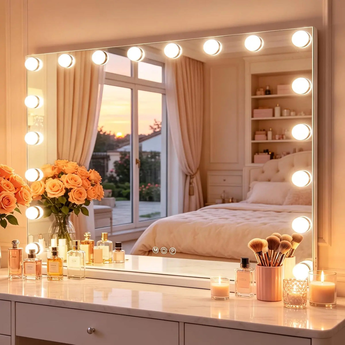 FENCHILIN Miroir Coiffeuse avec Port USB 18 Ampoules LED 80 x 58 cm – orange/beige