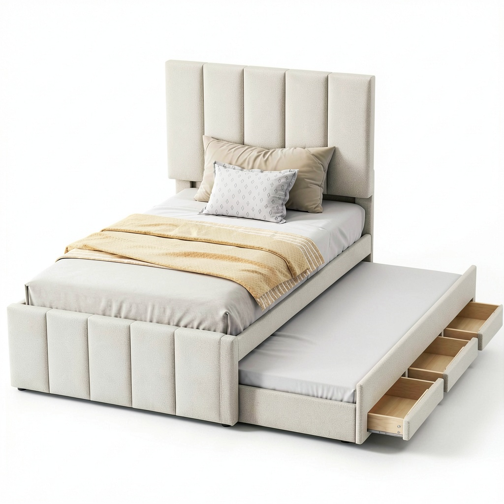 Lit, avec tiroirs, avec sommier, en lin et tissu, 1 place, 90 x 190 cm, coloris beige, pour la chambre