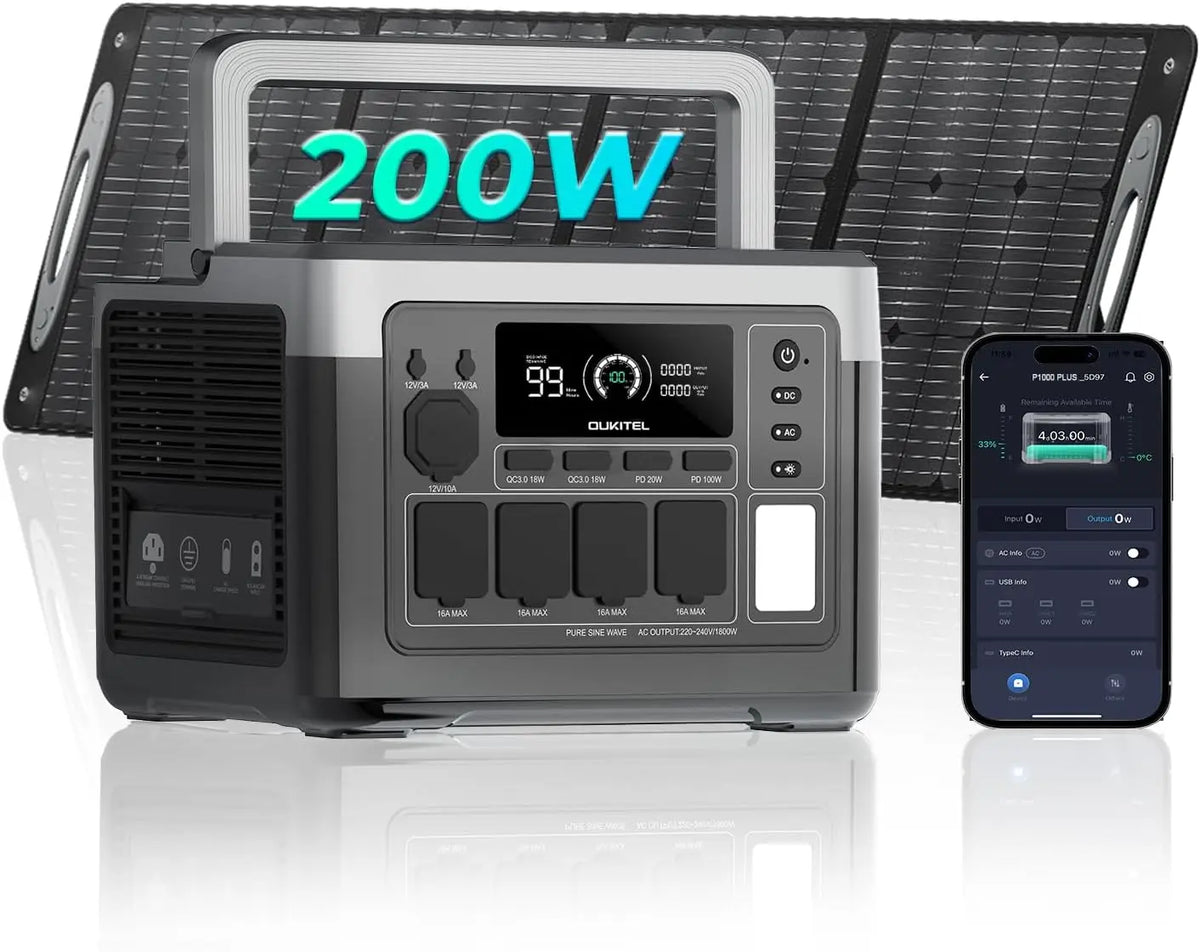 OKITEL P1000 PLUS Station d'énergie portable 1024 Wh avec panneau solaire 200 W – 200 W / 1800 W, gris/noir