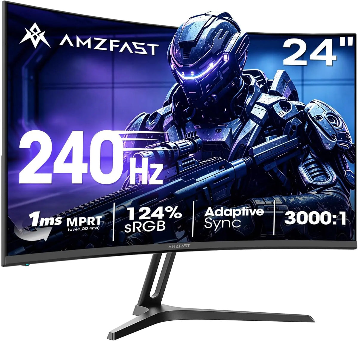 Amzfast Écran PC pour le jeu 24 Pouces 240Hz/FHD Moniteur Incurvé 1920x1080 – DCI-P3, bleu