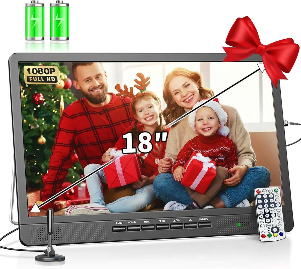 Desobry téléviseur portable 18 Pouces avec antenne – DVB/T2, 6000 mAh, noir