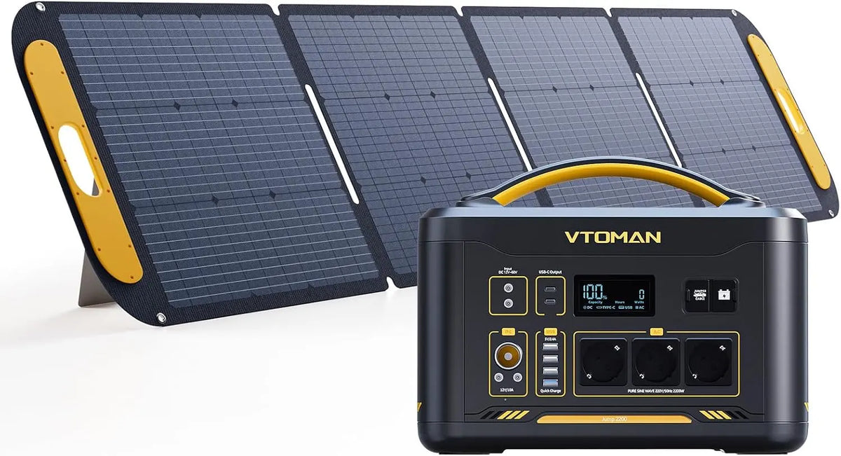 VTOMAN Jump 2200 Station électrique avec 200W Léger Panneau Solaire – 1548 Wh / 3096 Wh, 50 Hz, bleu/gris/noir