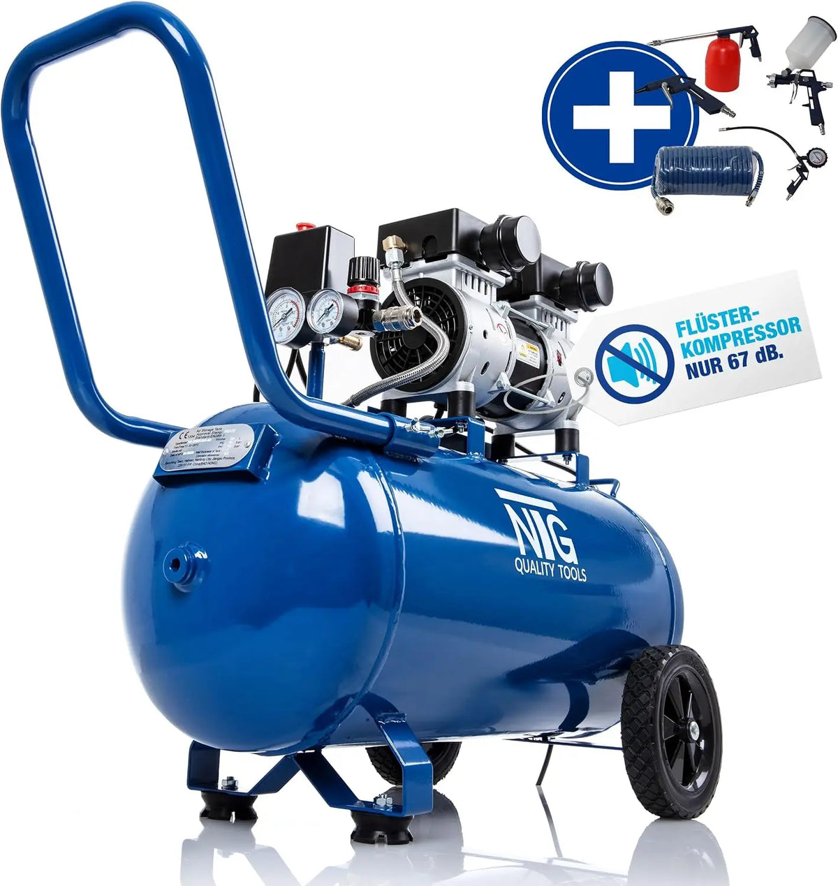 NTG silencieux Compresseur 9 bars – 1470 W, 24 litres / 50 litres, bleu/gris