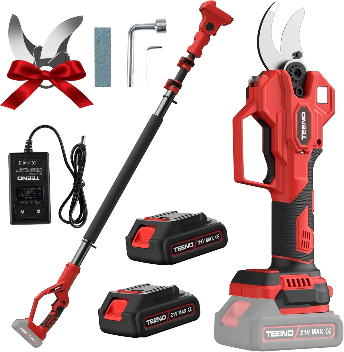 TEENO 2-en-1 Sécateur électrique avec perche télescopique – 600 W, 4,0 Ah, 60 Hz, gris/rouge/noir
