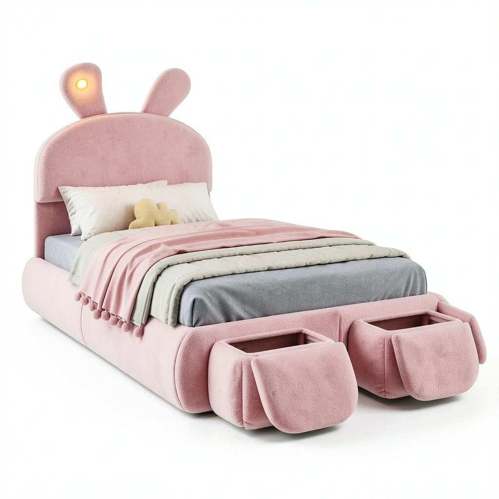Lit, réglable, avec rangement, avec sommier, en velours, coloris rose, 90 x 200 cm, pour la chambre