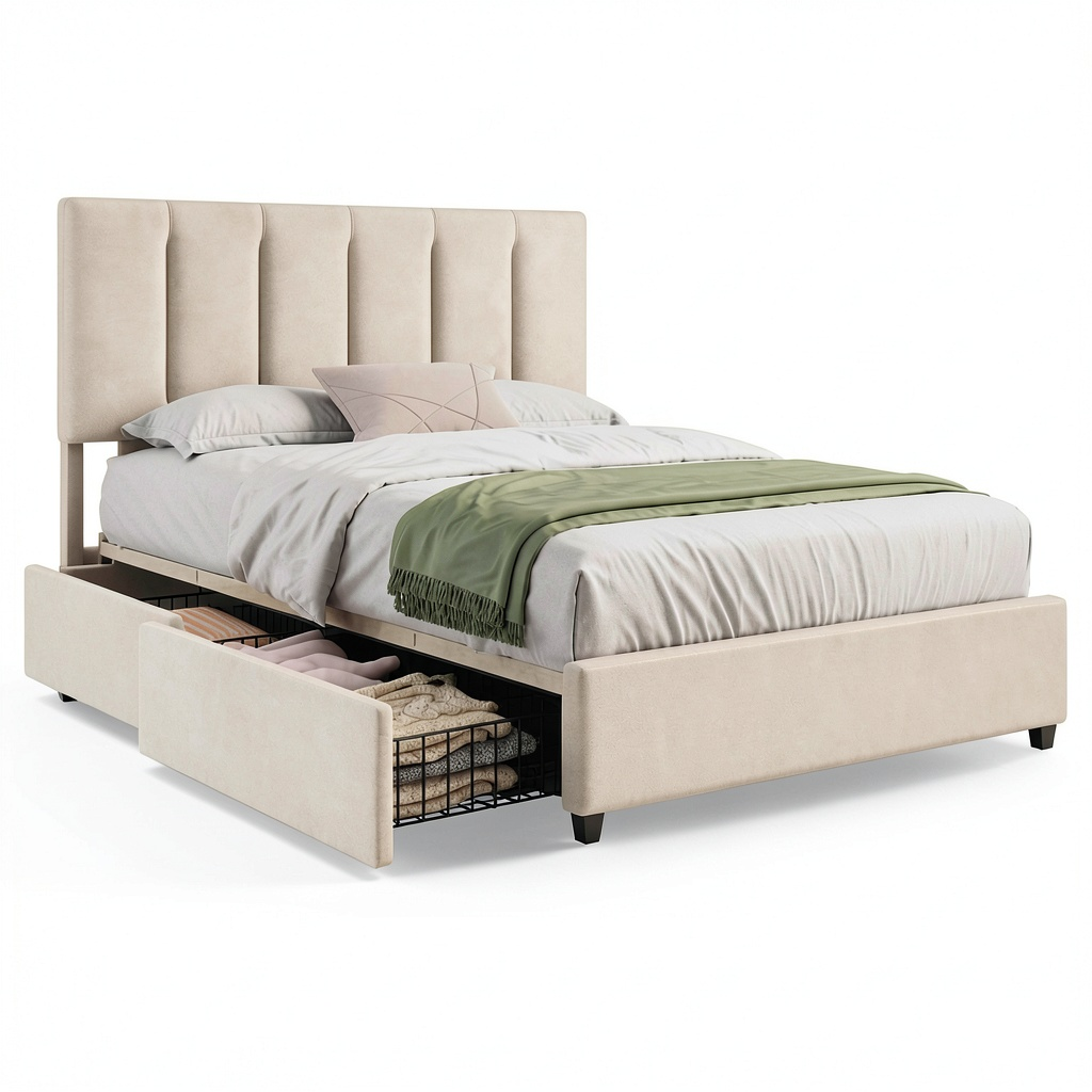 Lit, en velours et tissu, réglable, avec tiroirs, rembourré, coloris beige, 140 x 190 cm, pour la chambre