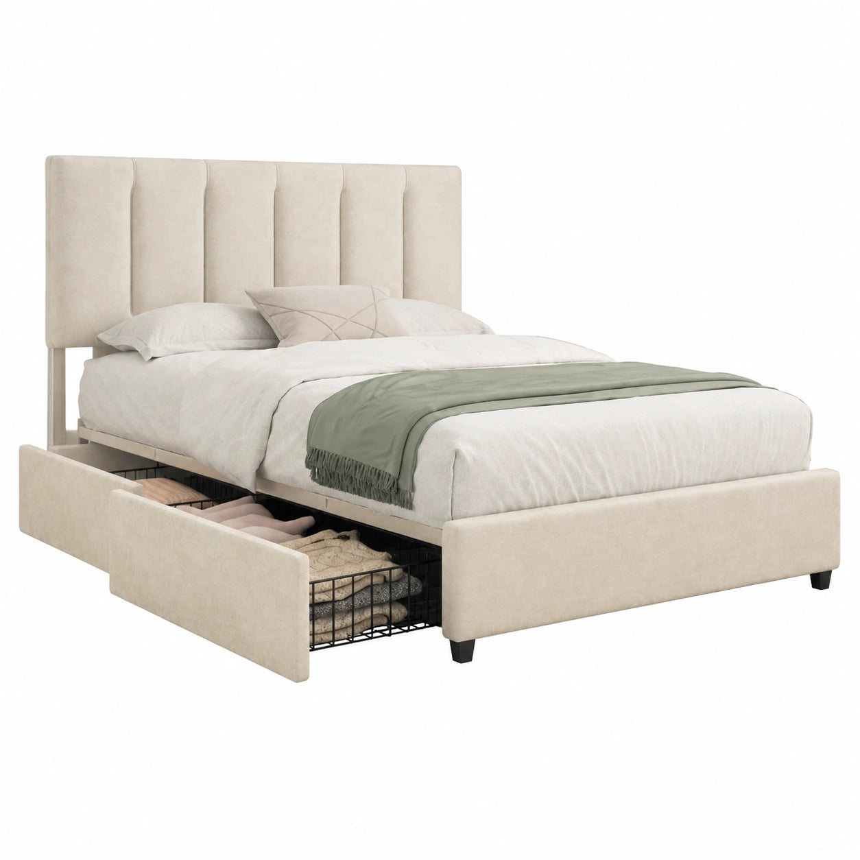 Lit, en velours et tissu, réglable, avec tiroirs, rembourré, coloris beige, 140 x 190 cm, pour la chambre