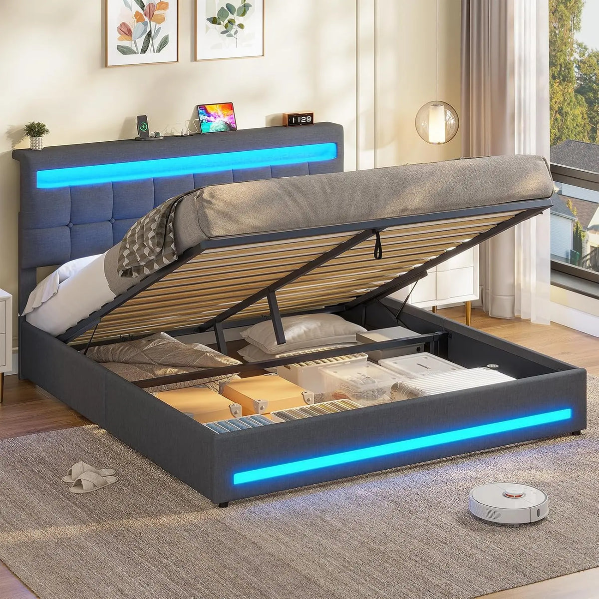 AOGLLATI Lit Coffre 160×200 cm avec LED et Ports USB – gris