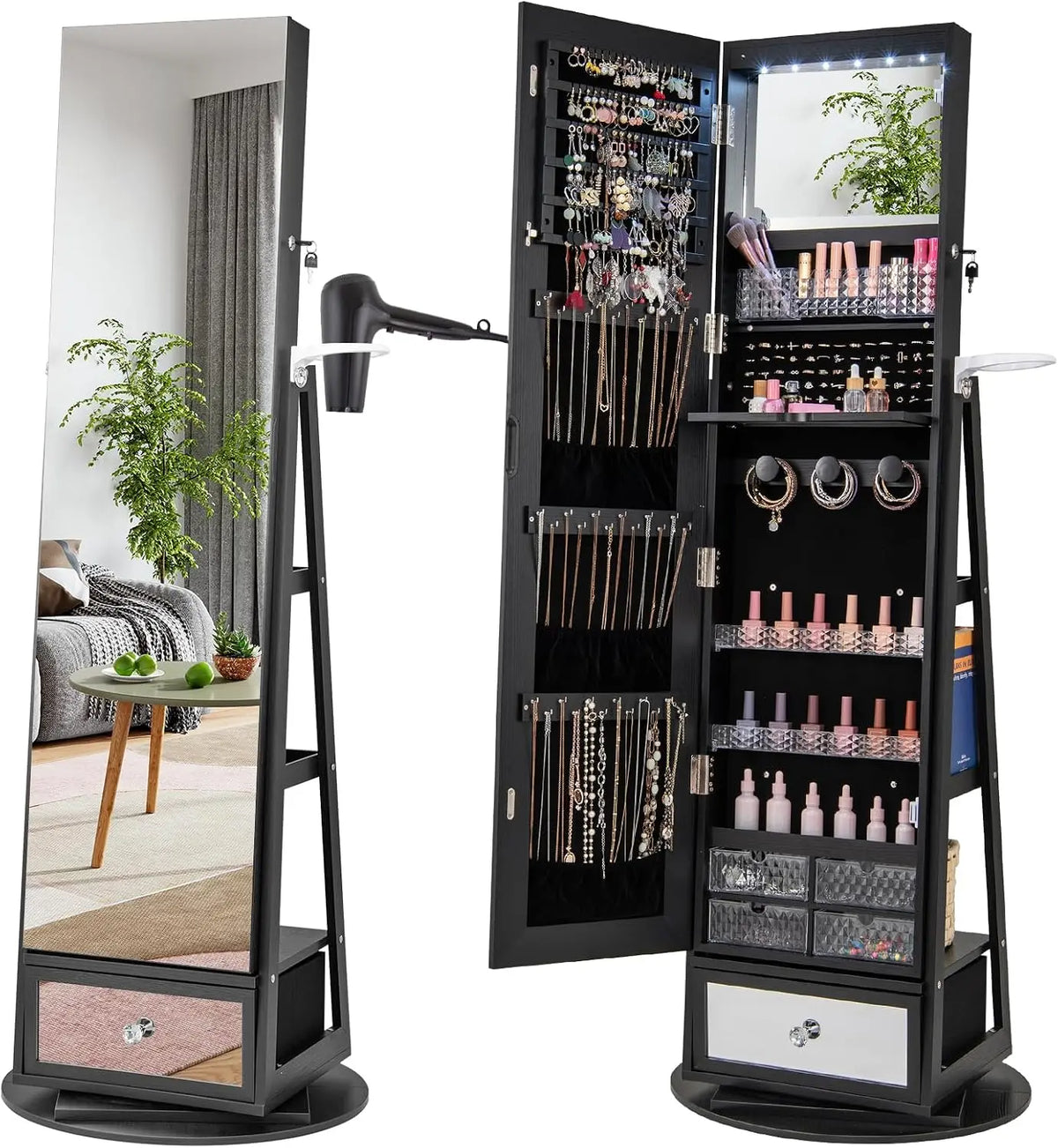 COSTWAY Armoire à Bijoux avec Miroir sur Pieds – noir