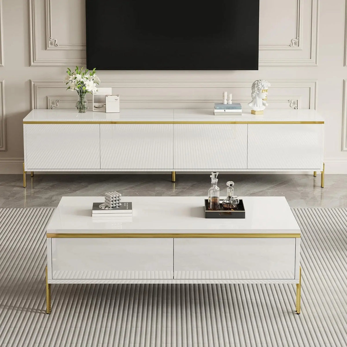 Merax Ensemble meuble téléviseur et table basse 174 x 35 x 41 cm + 108 x 50 x 40 cm – blanc
