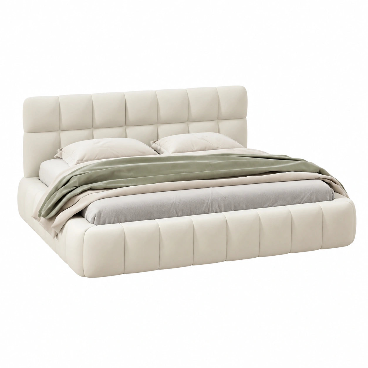 Lit, en lin, avec sommier, rembourré, coloris beige, 140 x 190 cm, pour la chambre