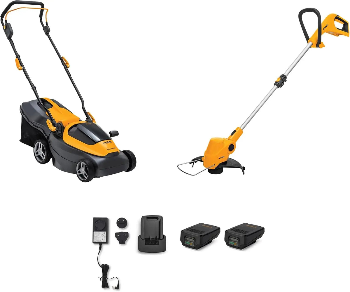 Stiga Collector 136e Kit + GT 100e - Tondeuse à Gazon à Batterie et Coupe-Bordures – 2 Ah, jaune