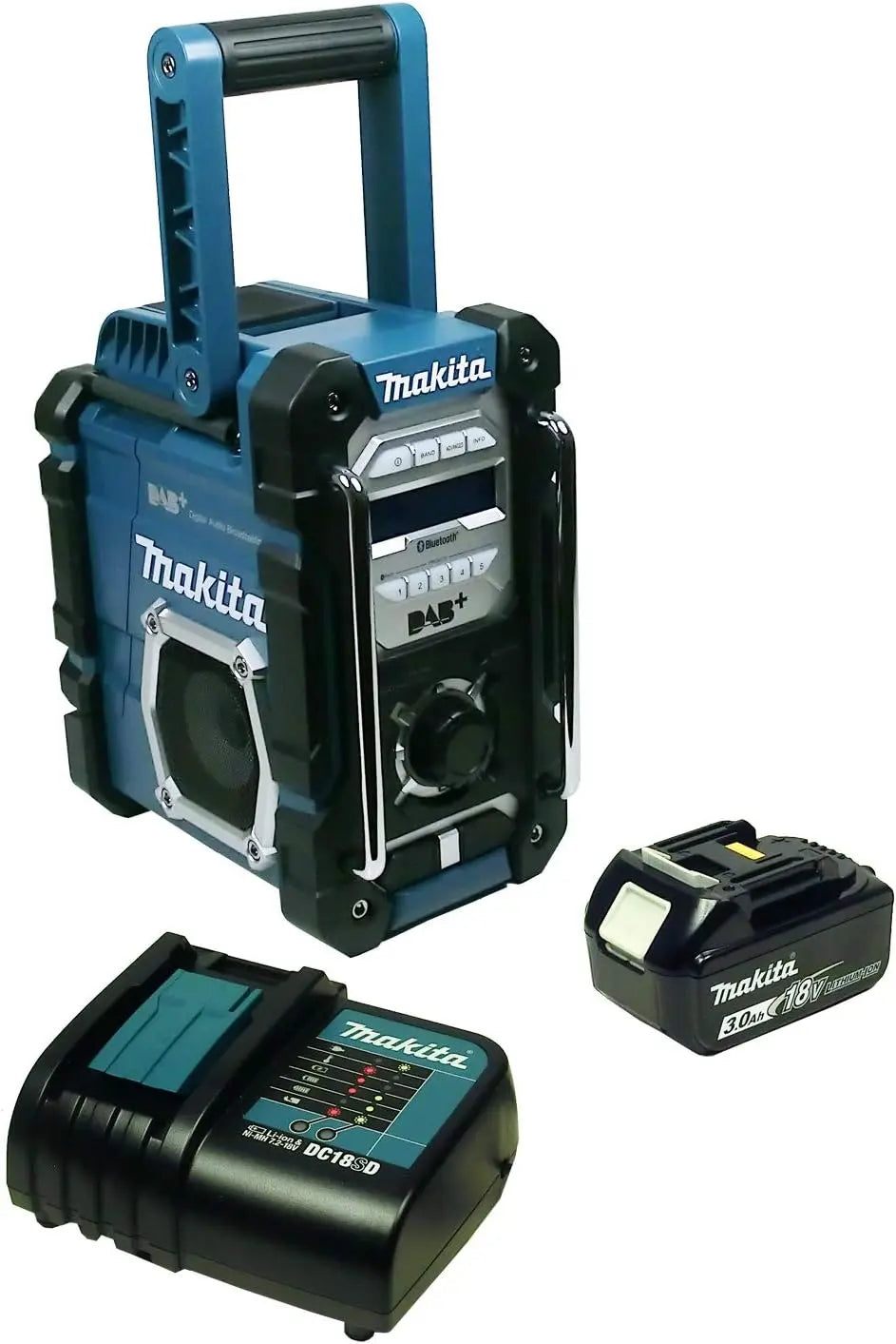 Makita DMR112+BL1830B+DC18RC Radio de chantier avec DAB + et Bluetooth + batterie 3 Ah et chargeur – noir/gris/bleu