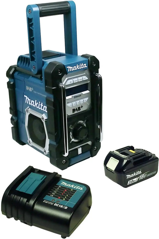 Makita DMR112+BL1830B+DC18RC Radio de chantier avec DAB + et Bluetooth + batterie 3 Ah et chargeur – noir/gris/bleu