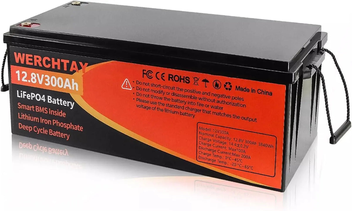 Batterie au lithium 12 V 300 Ah LiFePO4 avec BMS 4 000 à 15 000 cycles – 0 Wh, gris/rouge/noir
