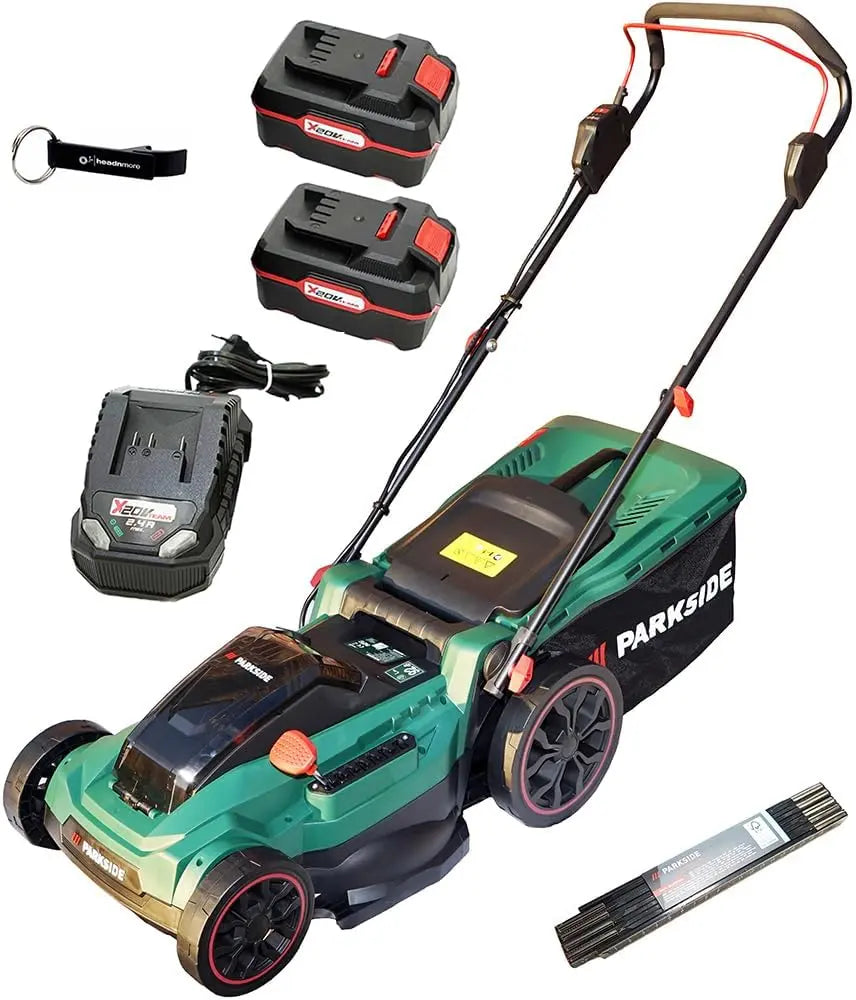 HEADNMORE Parkside PRMA 40-Li Tondeuse à gazon sans fil 40 V avec batterie 2 x 4 Ah + porte-clés + mètre – gris/noir/vert