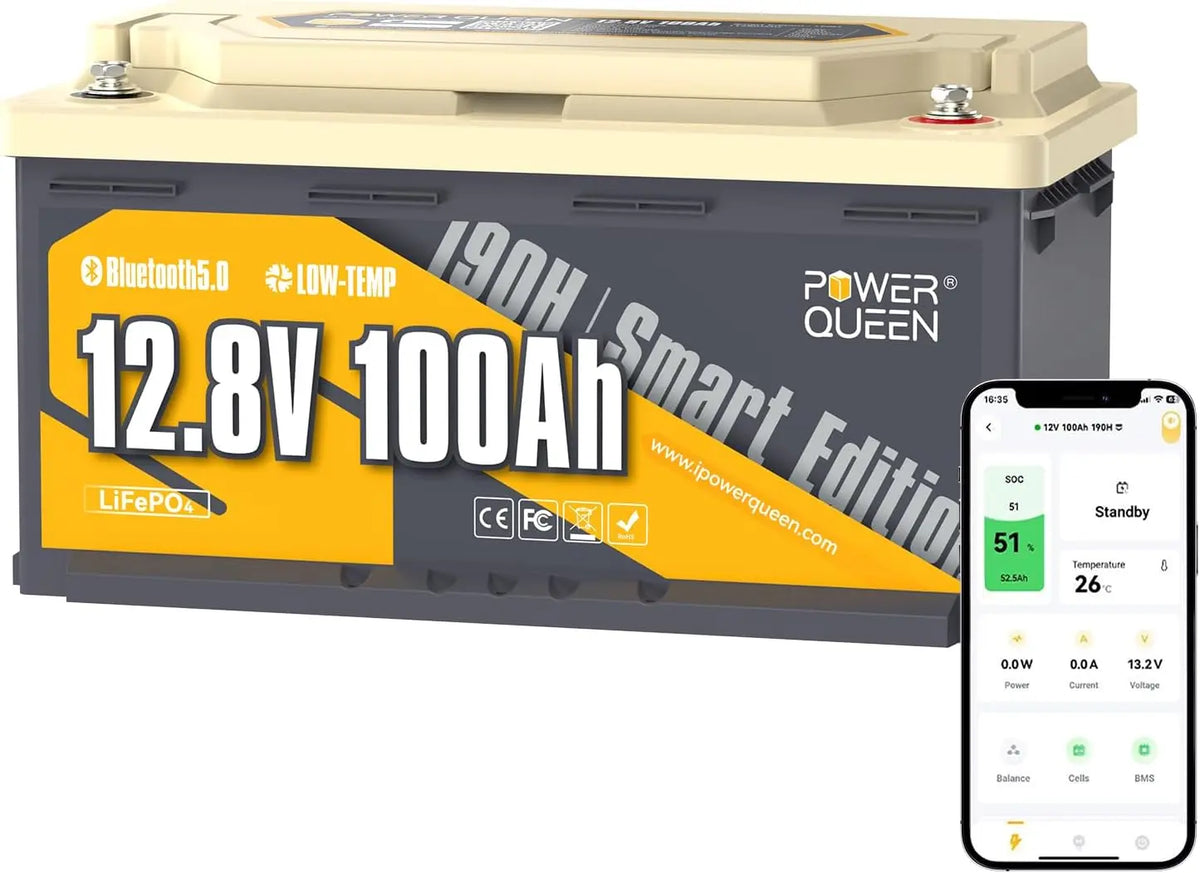 Power Queen Batterie Lithium 12V 100Ah H190 Bluetooth pour Camping-Car – 20,48 kWh, gris/blanc