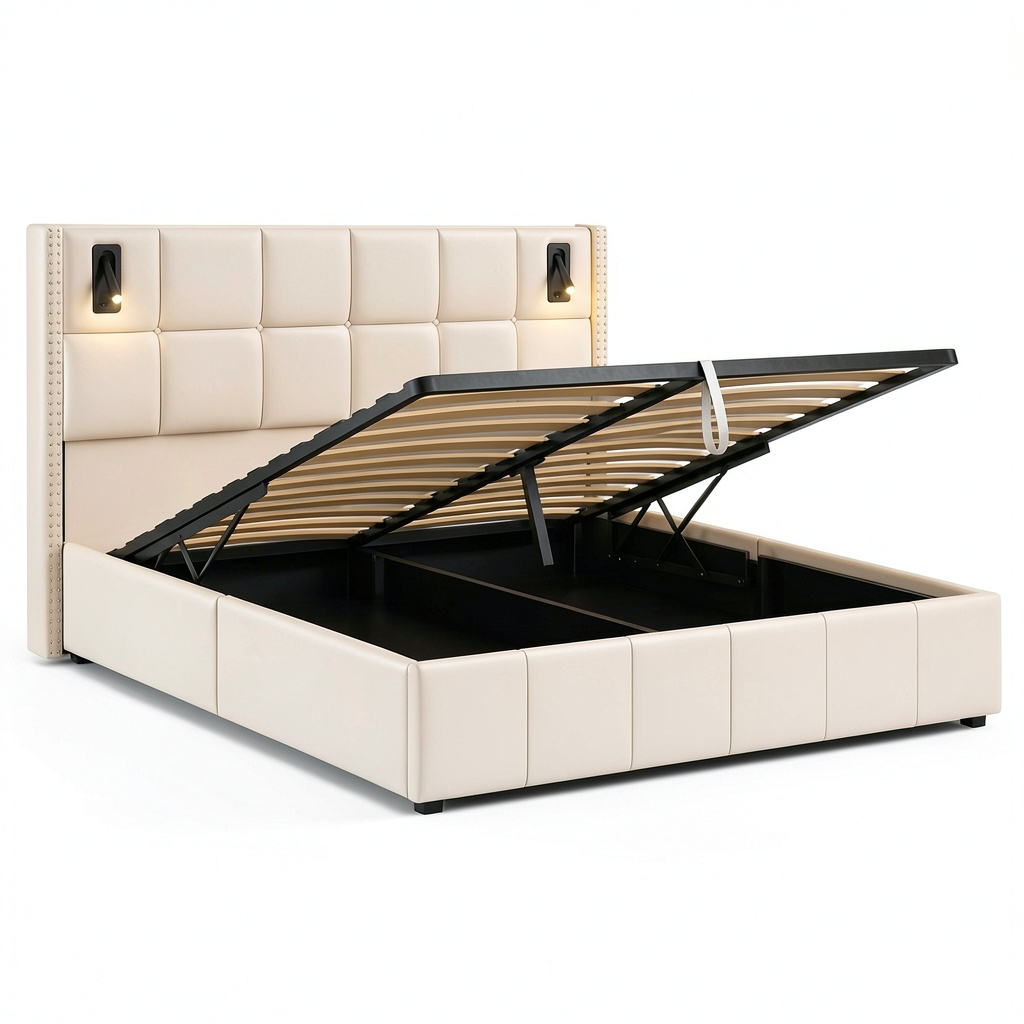 Lit coffre, avec rangement, avec éclairage LED, rembourré, 2 places, 160 x 200 cm, coloris beige, pour la chambre