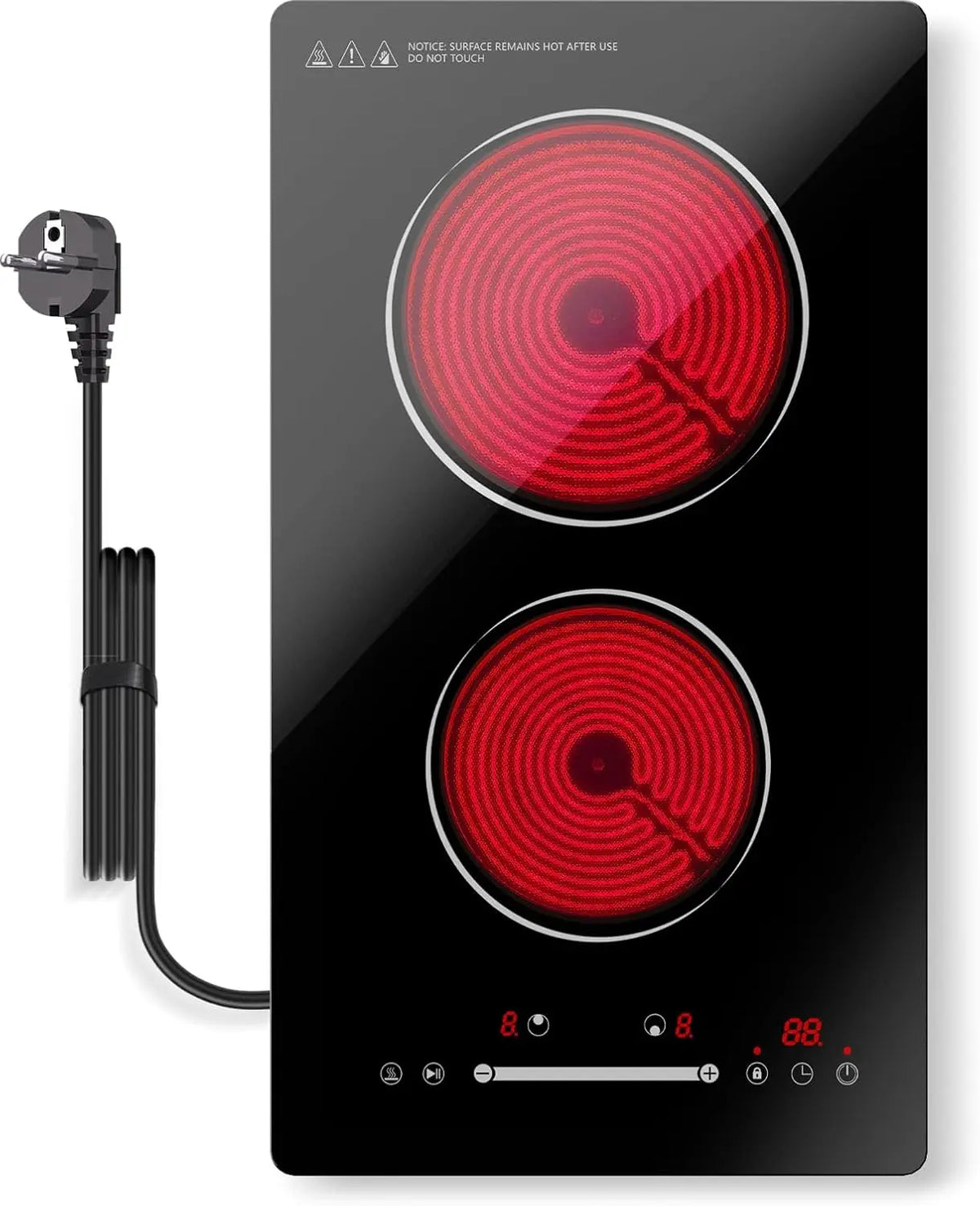 Plaque Vitrocéramique 2 Feux 3000W 30cm avec Commande Tactile – noir/gris/rouge