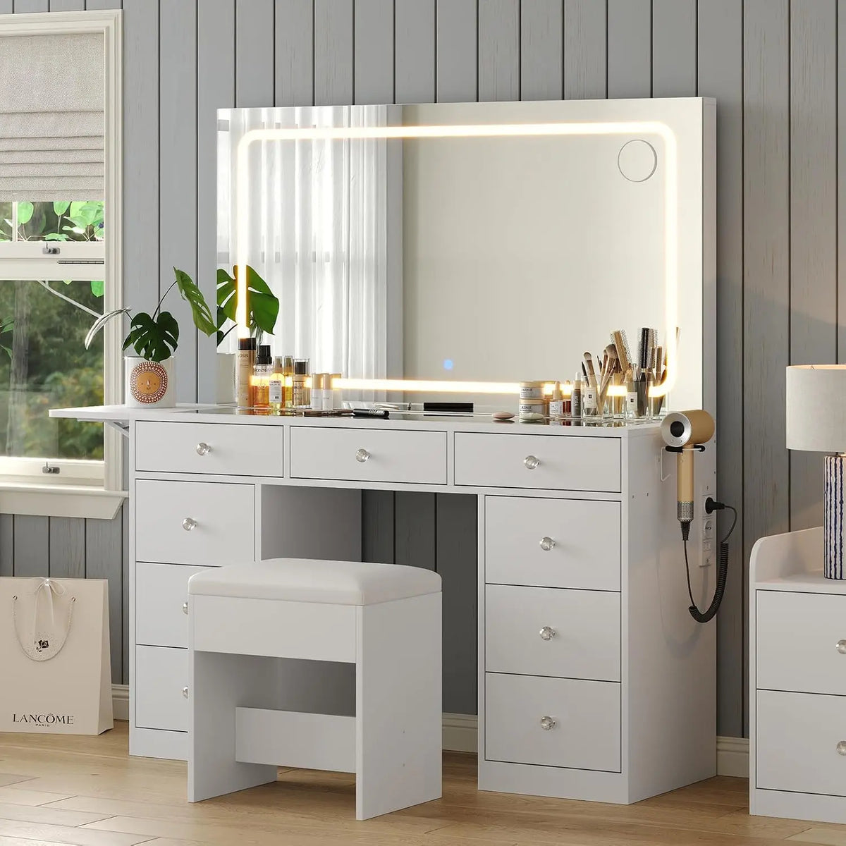 Yanosaku Coiffeuse avec Miroir LED et Tabouret – blanc