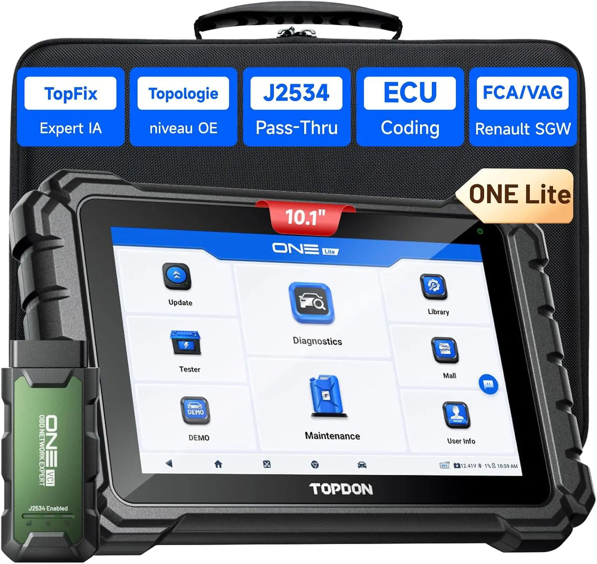 TOPDON One Lite 10,1' Professionnel Valise Diagnostic Auto – 4 Go / 128 Go, gris/bleu/noir