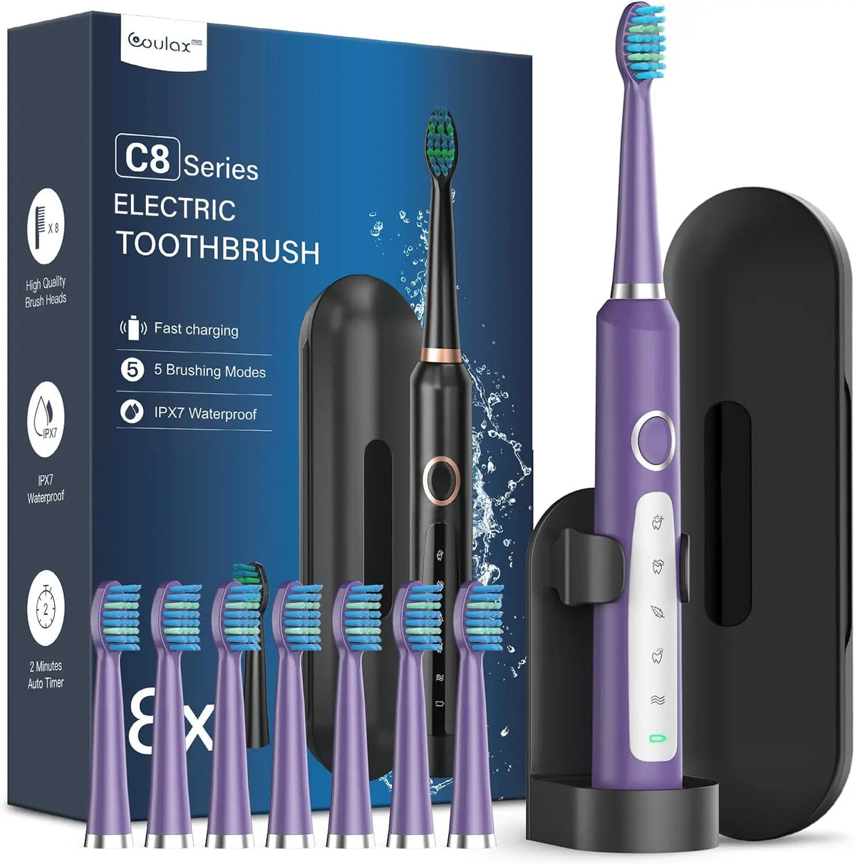 Brosses à Dents Électriques Soniques Adultes avec 8 Têtes - Brosse à Dents Électrique avec Étui de Voyage – violet