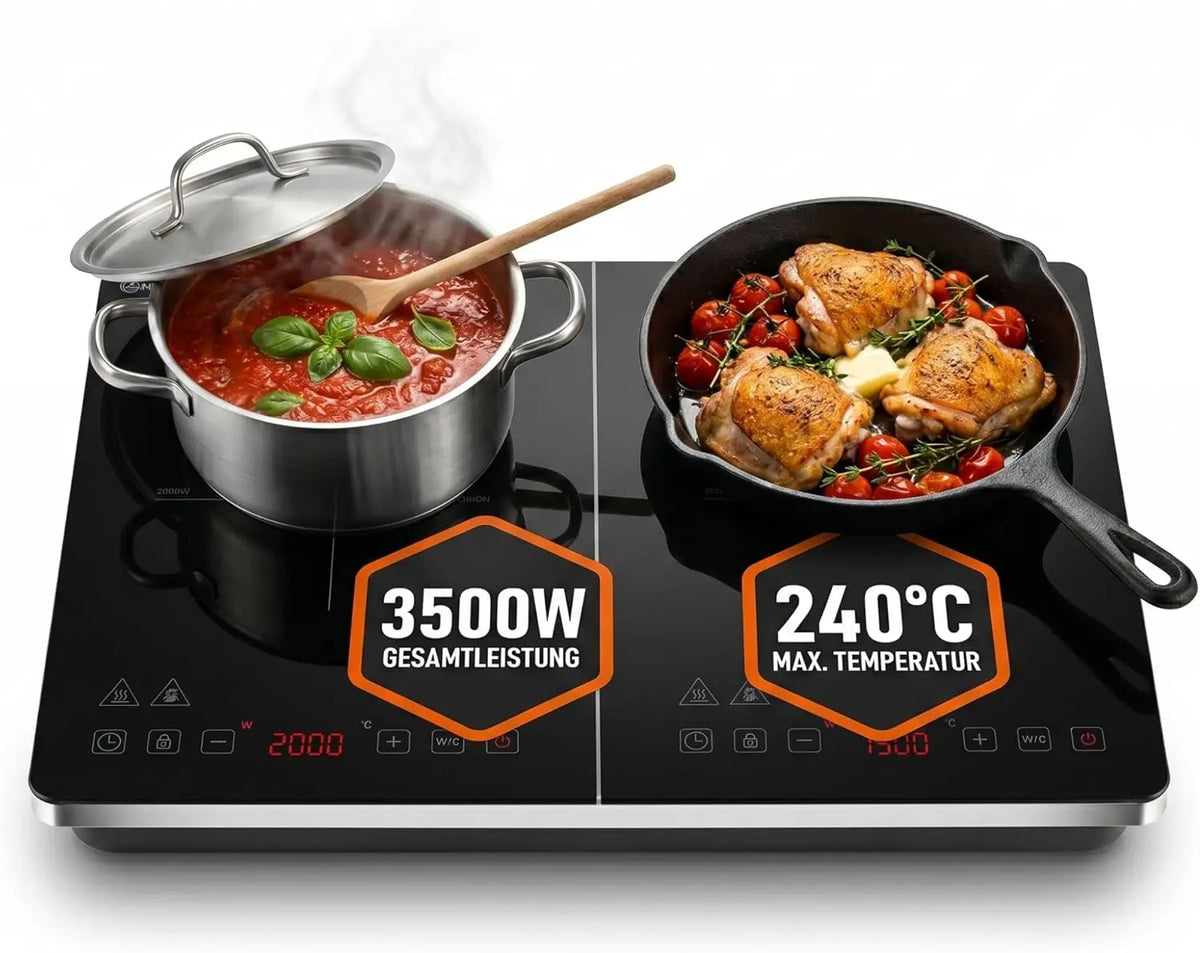 Sommertal Plaque à induction 2 plaques 3500 W mince portable 240 °C Minuterie 4 heures Commande tactile – noir/gris