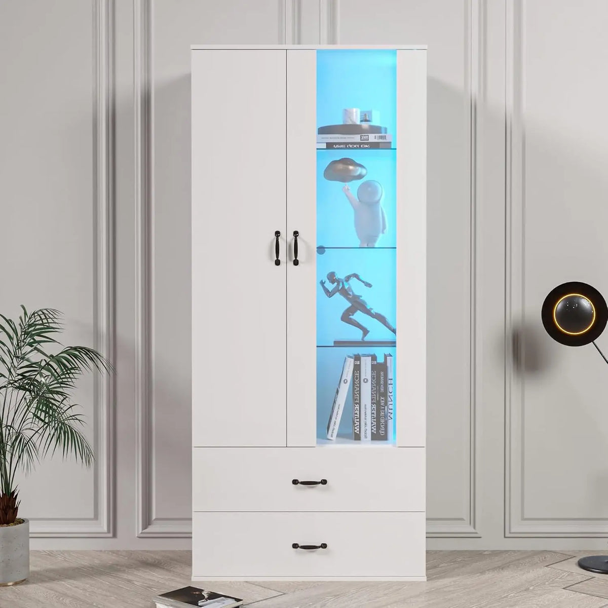 BTM vitrine avec éclairage LED de 16 Couleurs – 182 x60 x35 cm, blanc