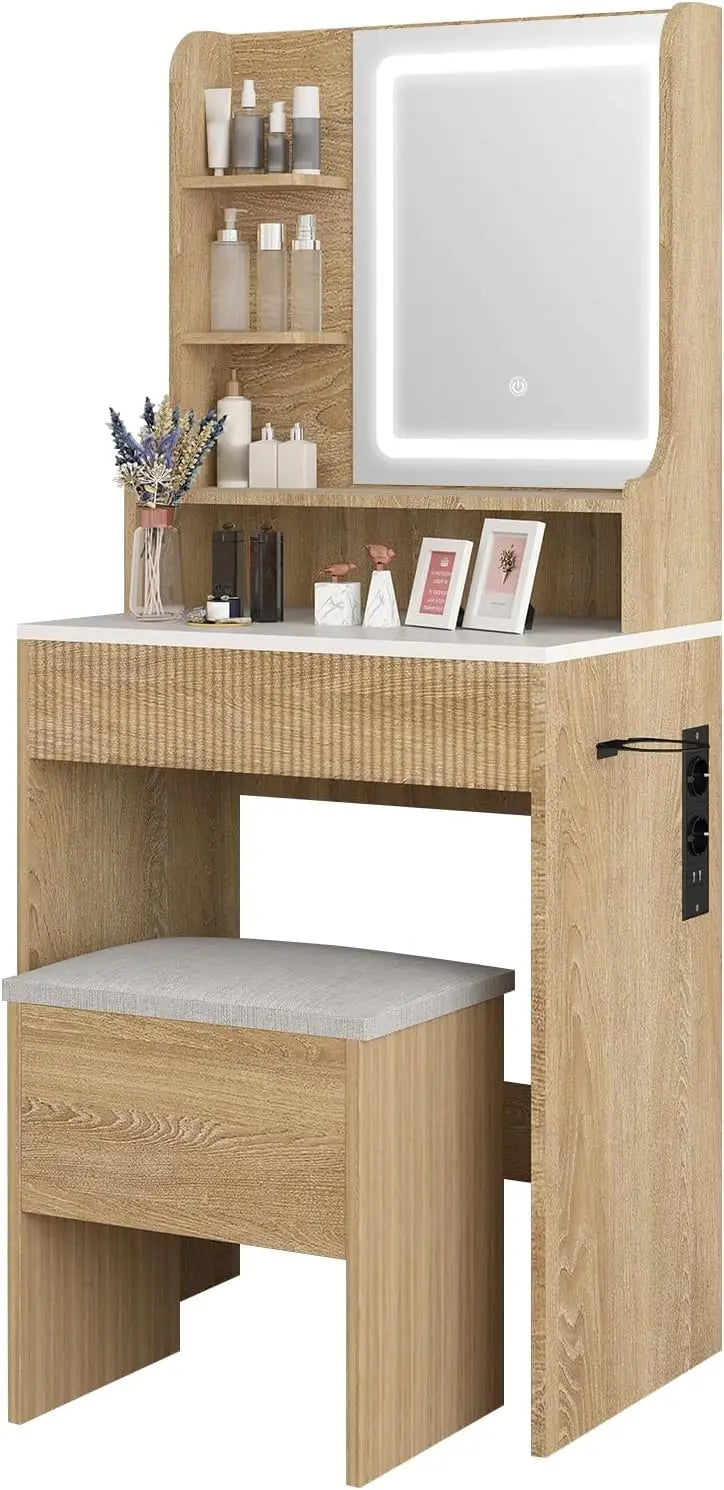 YOURLITE Coiffeuse avec Miroir et Tabouret – beige/gris
