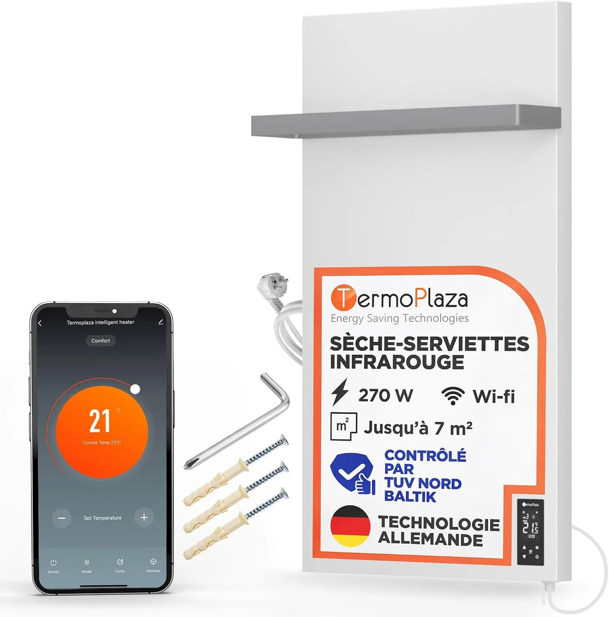 Termoplaza Radiateur Salle de Bain Infrarouge WiFi 270W jusqu'à 7 m² - Radiateur Électrique Mural