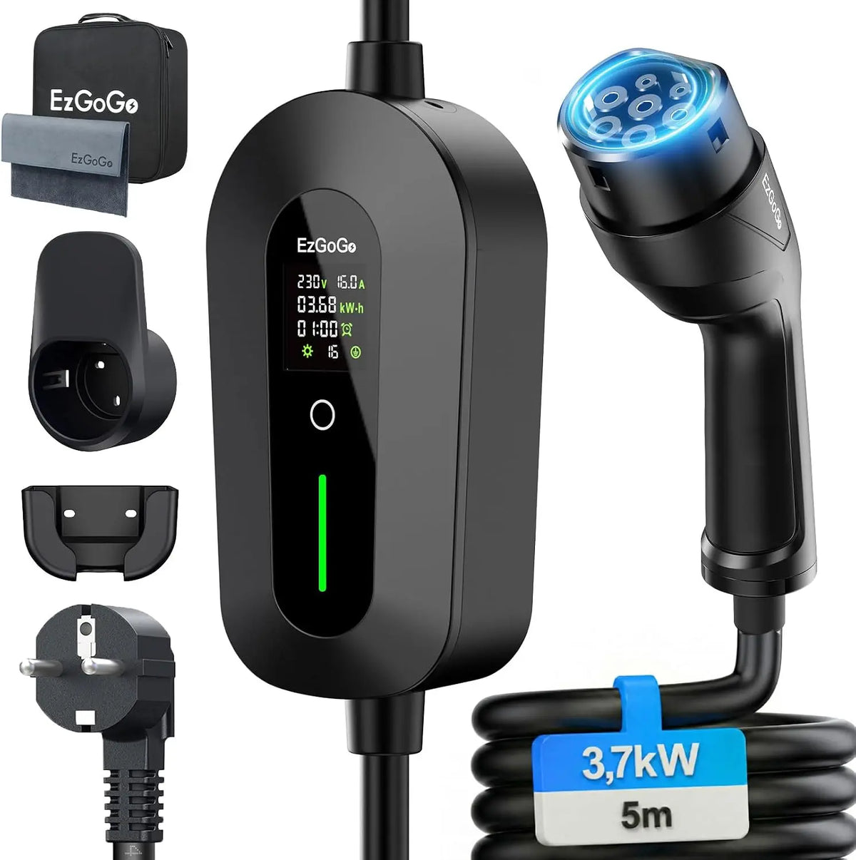 EzGoGo Chargeur Voiture Electrique 3,7kW 5m 6-16A Réglable IP66 – gris/noir