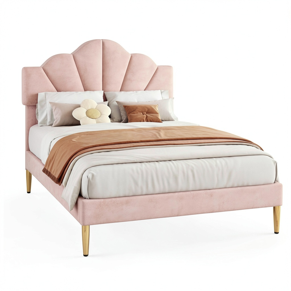 Lit, en velours, réglable, avec sommier, rembourré, coloris rose et doré, pour la chambre