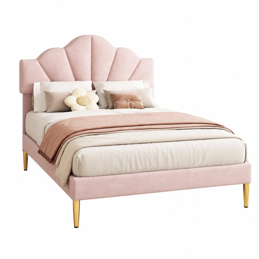 Lit, en velours, réglable, avec sommier, rembourré, coloris rose et doré, pour la chambre