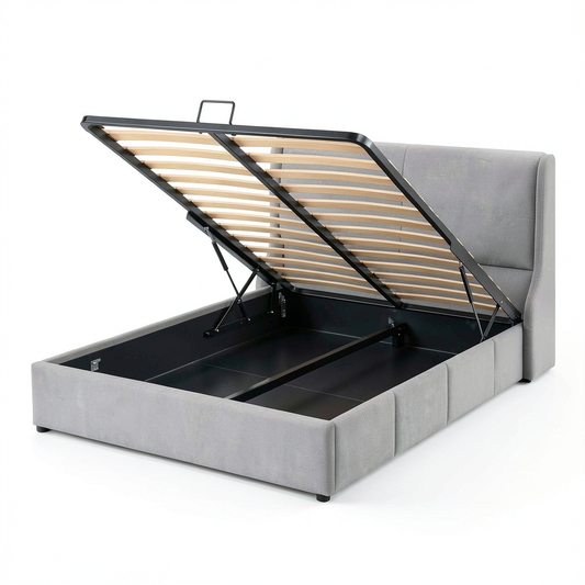 Lit, avec rangement, avec sommier, en velours, coloris gris, 140 x 190 cm, pour la chambre