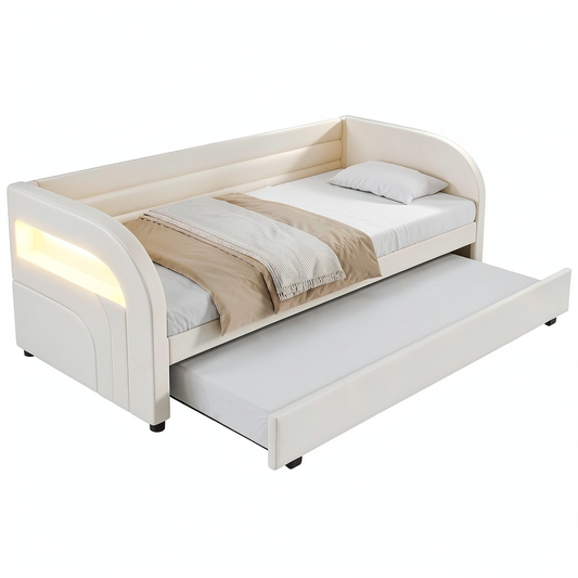Lit, avec éclairage LED, rembourré, coloris beige, 90 x 200 cm, pour la chambre