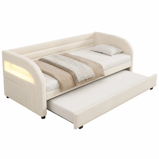 Lit, avec éclairage LED, rembourré, coloris beige, 90 x 200 cm, pour la chambre