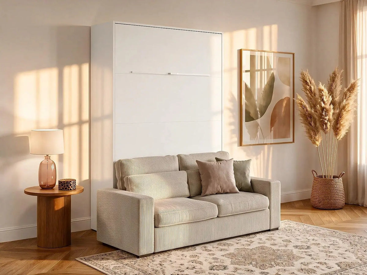 Vente-unique - Lit escamotable 160 x 200 cm - Ouverture Verticale Manuelle - avec LEDs - Blanc + Canapé