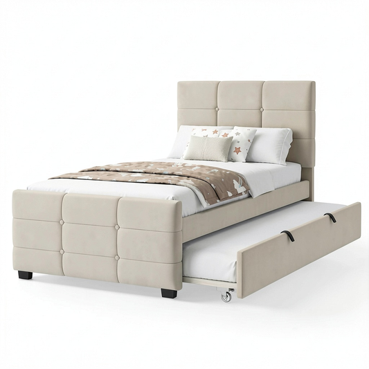 Lit, rembourré, en velours et tissu, coloris beige, 90 x 190 cm, pour la chambre